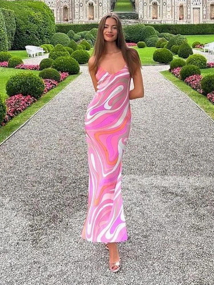 Striped Rainbow Spaghetti Strap Split Dress Women Sleeveless Backless V-neck Beach Dresses Summer Party Chic Lady Robe 250801