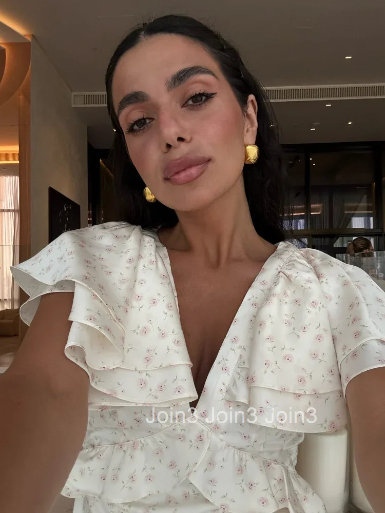 Elegant Floral Printed Ruffle Hem Dress Womens Chic V-neck High Waist Slim Fit Long Dresses Summer Holiday Vestidos