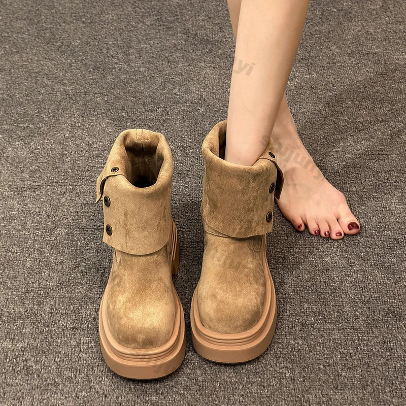 Women Chunky Western Cowboy Boots Fashion Platform Pleated Mid Calf Boots Spring Autumn Woman Vintage Mid-heel Comfort Boot 250805