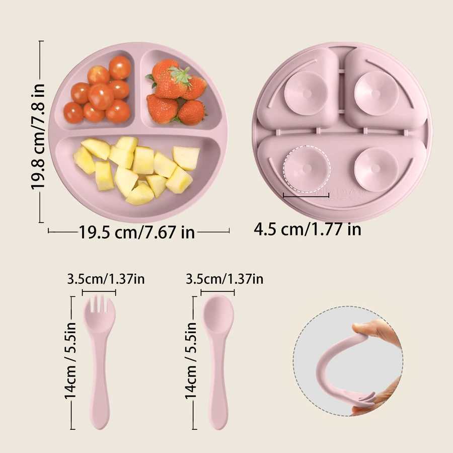3PCS Childrens Tableware Set Baby Eating Food Training Silicone Tableware Set Baby Sucker Feeding Dishes Plate With Spoon Fork X2508061