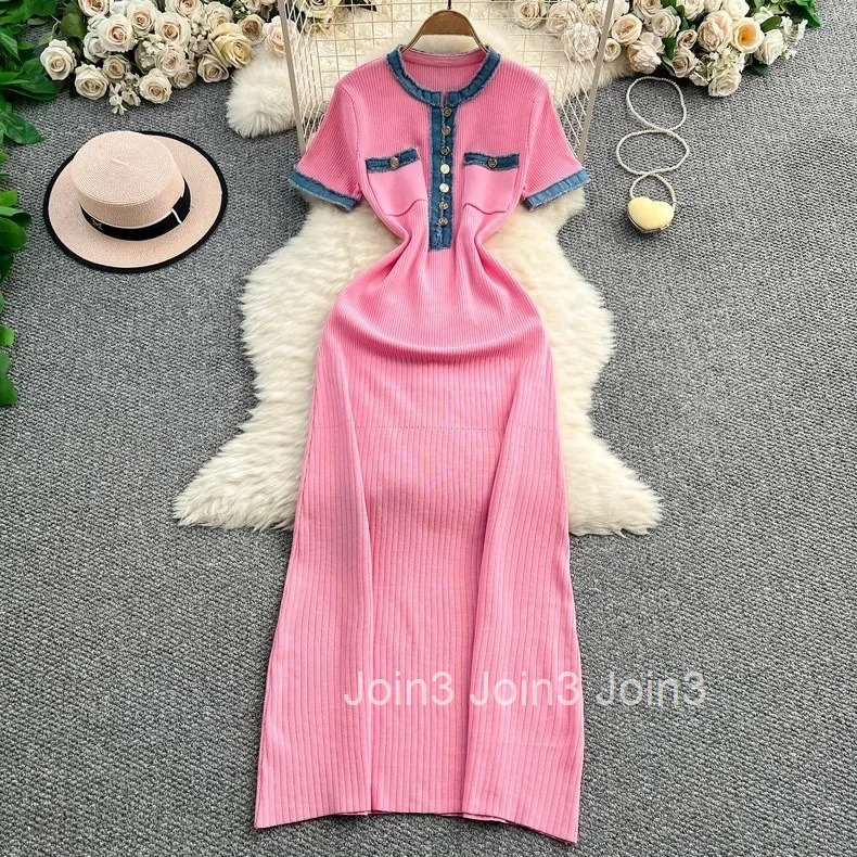 Womens Denim Patchwork Knitted Long Dress Tight French Short Sleeve Dress Fashionable Casual Style Maxi Dress from Mainland Chi