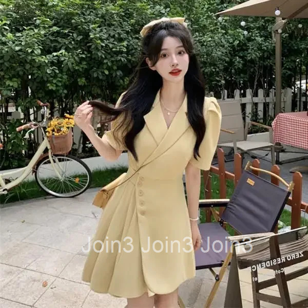 Elegant Asymmetrical Suit Dress Womens Summer Hot Sale Of The Season Waist-Cinching Slimming Pleated Bubble-Sleeve Short Dress