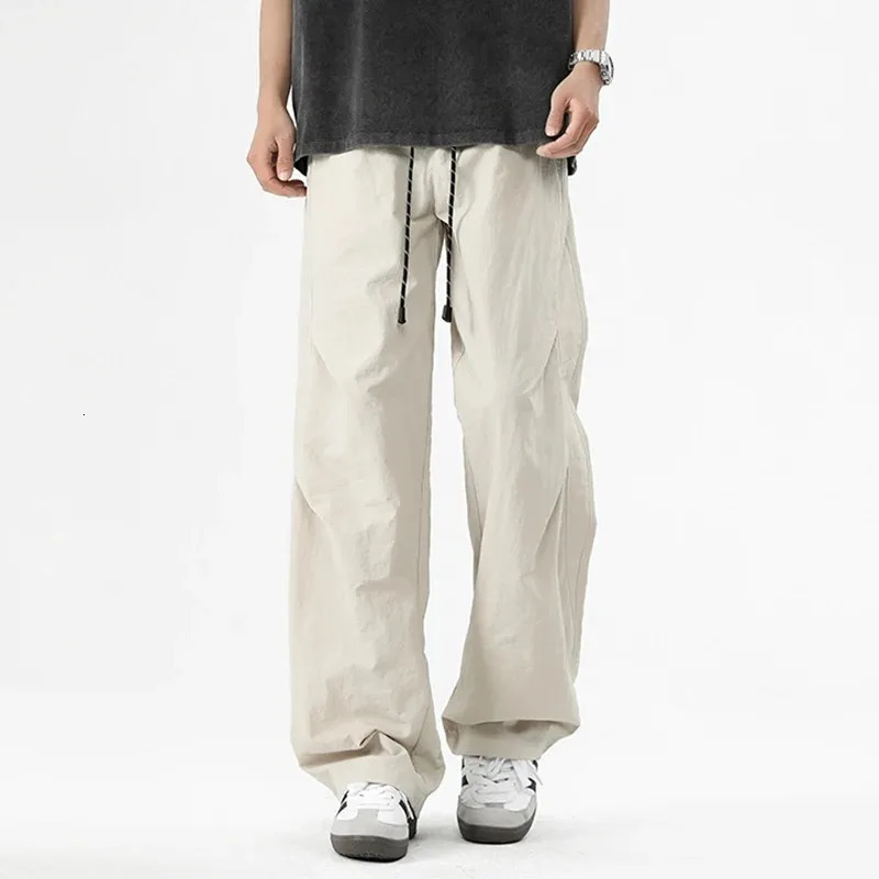Cargo Pants Mens Spring Summer Harajuku Street Y2k Solid Color Drawstring Wide Leg Pants Outdoor Casual Fishing Sports Pants 250806