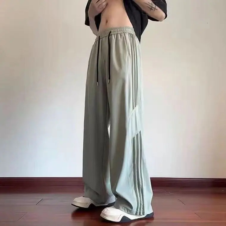 Striped quick-drying ice silk pants mens summer thin loose wide leg s sweatpants teen casual pants 250806