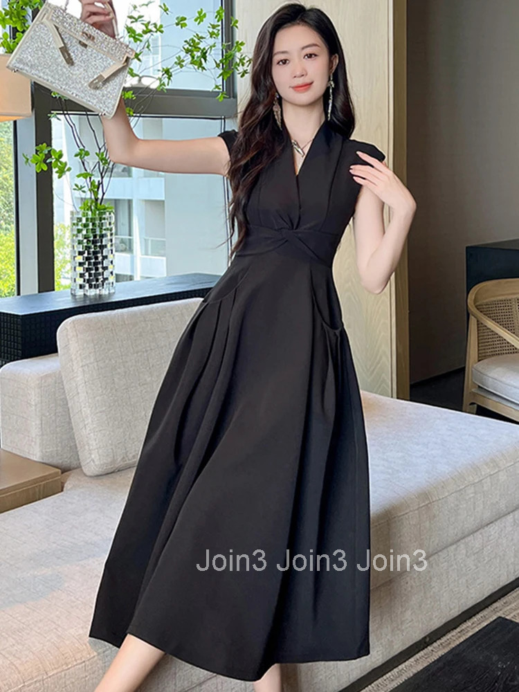 New Summer Elegant Women Evening Long Dress Lady Black Formal Chic V-Neck Slim Midi Party Gown Robe Mujer Vestido Street Clothes