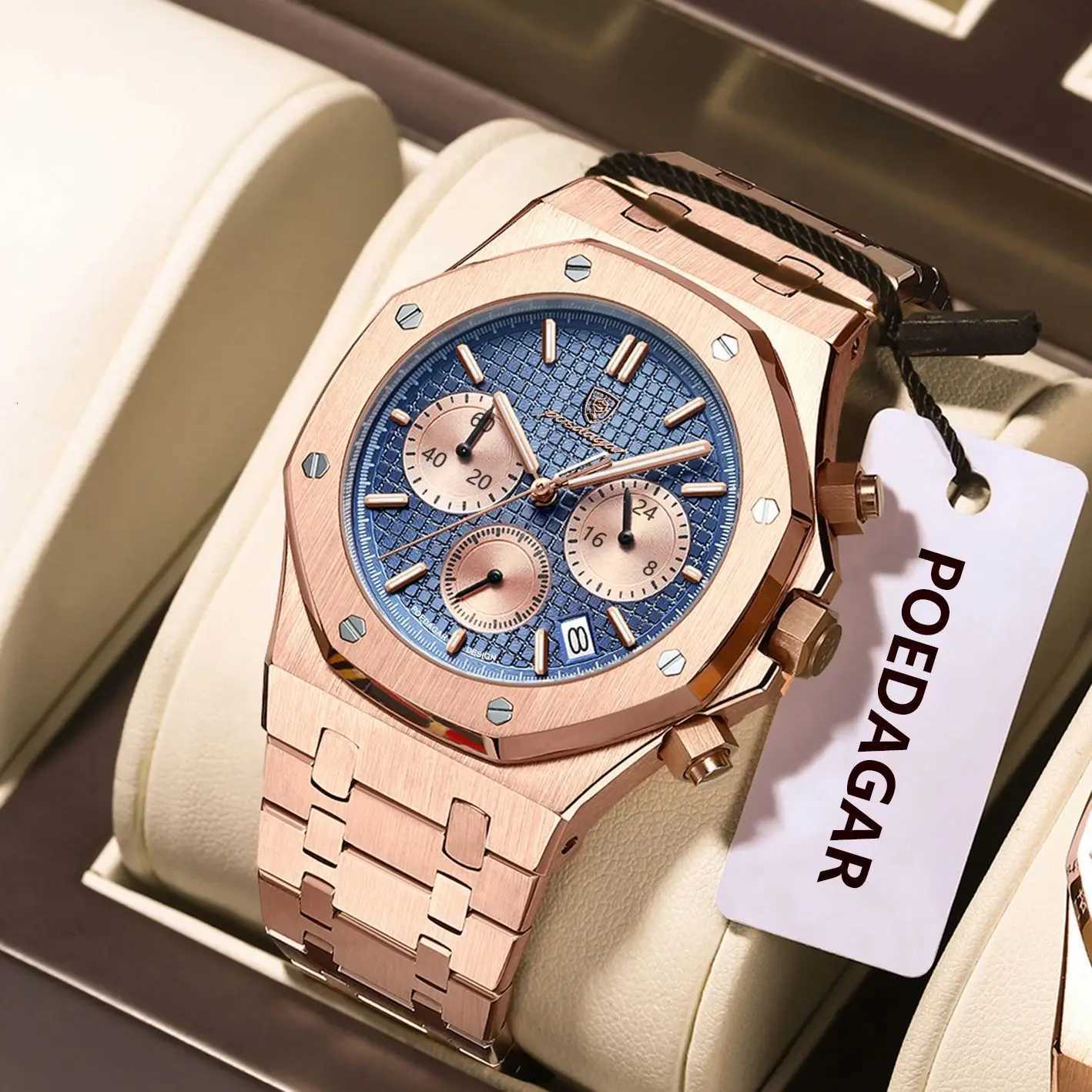 POEDAGAR Luxury Mens Stainless Steel Date Chronograph Male Waterproof Luminous Military Quartz Wristwatch for Men W250806