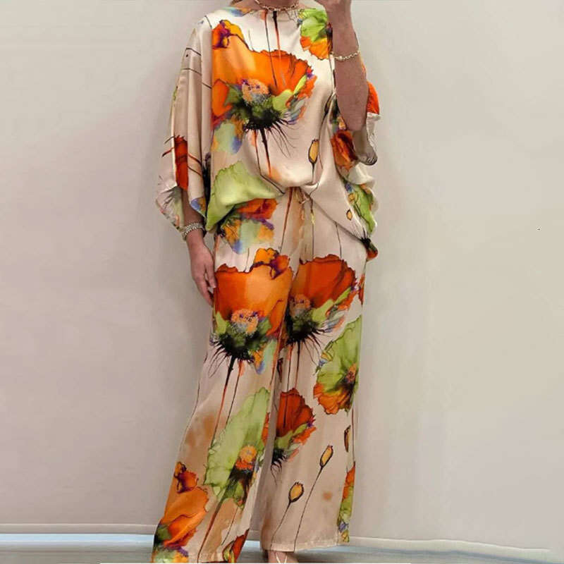 Summer New Urban Elegant Off-Shoulder Loose Printed Batwing Sleeve Drawstring Long Pants 661 B5