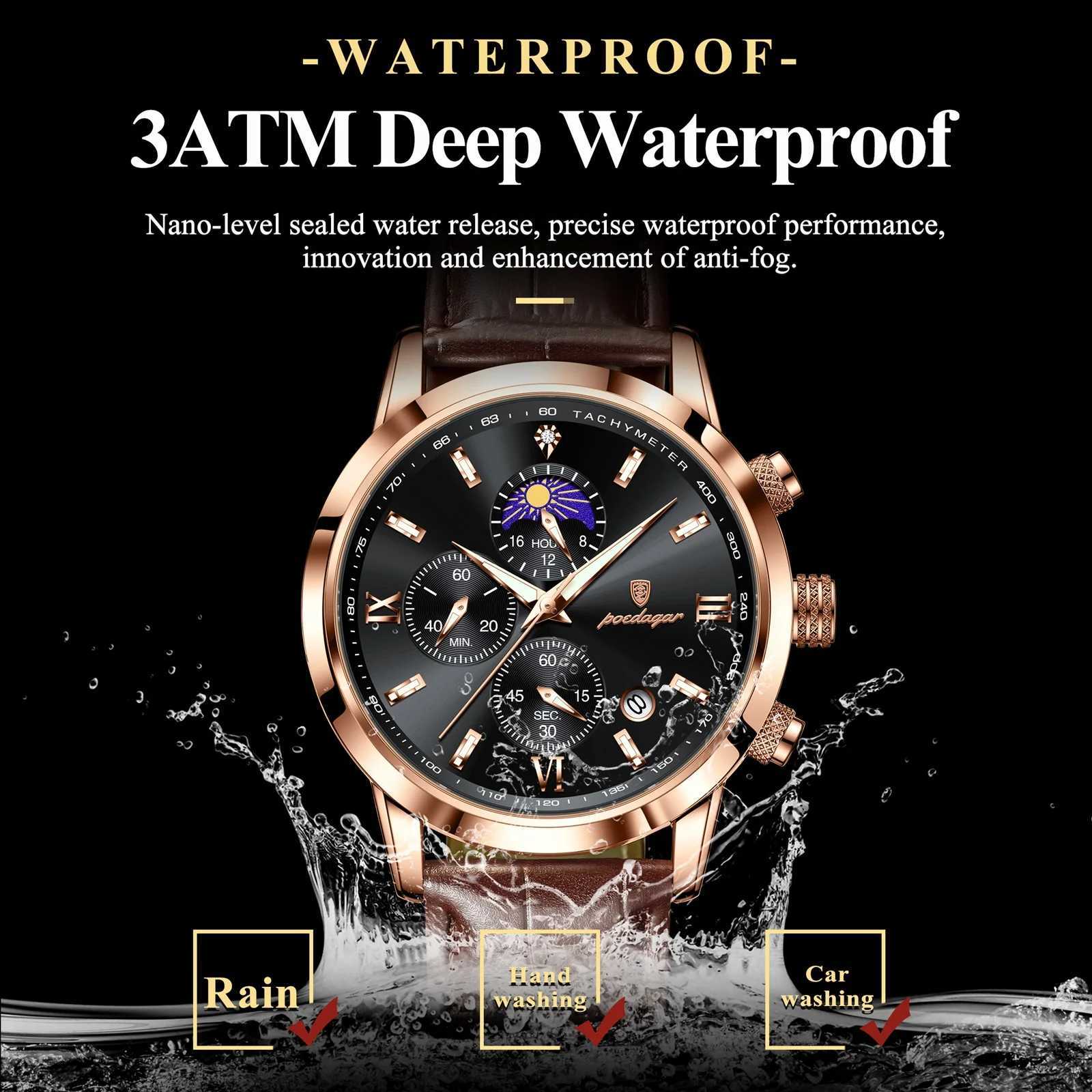 POEDAGAR Luxury Sports For Men Waterproof Luminous Date Chronograph Mens Wrist Leather Quartz Mens Watch W250806