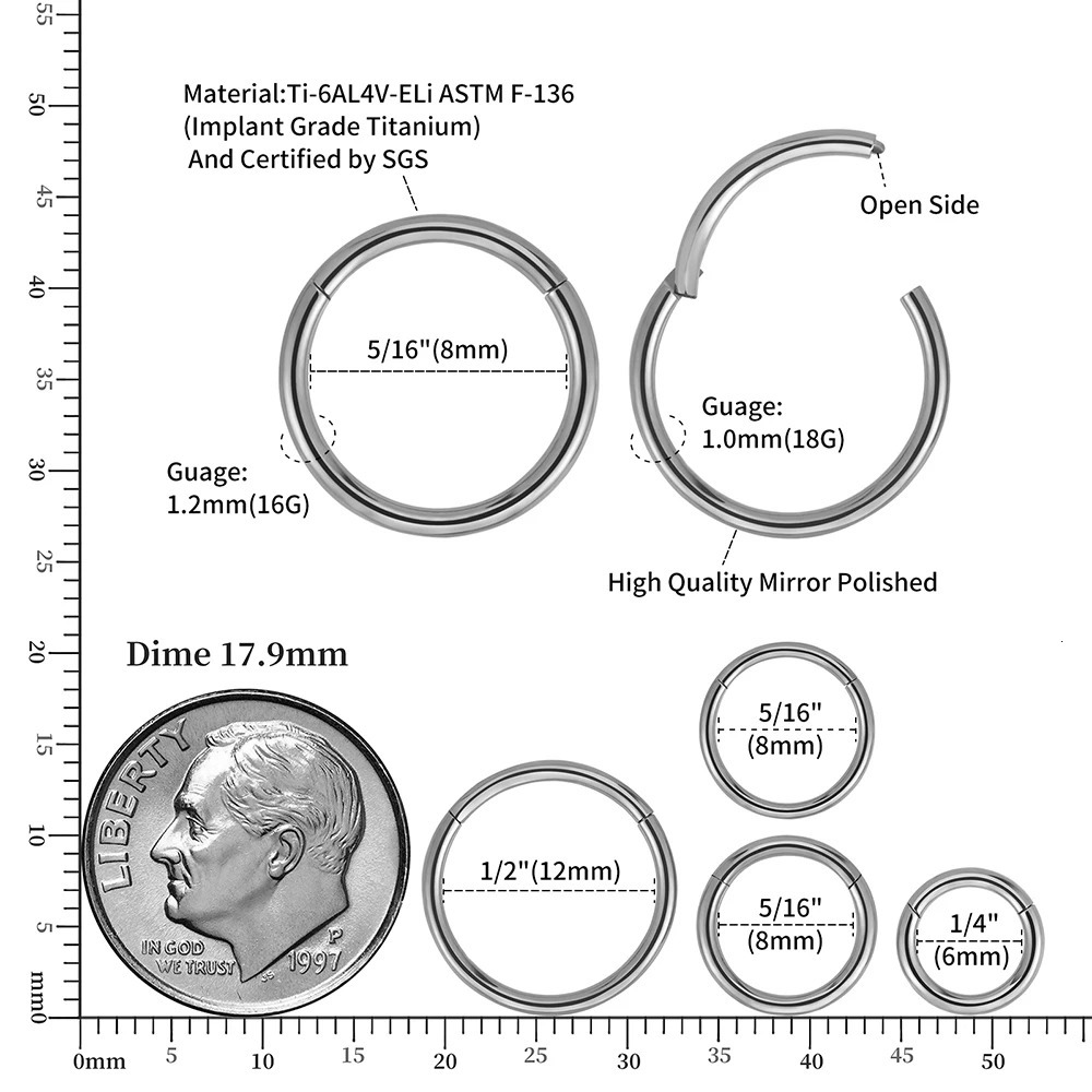 Right Grand ASTM 36 Hinged Hoop Nose Rings 20G 18G 16G Septum Ring Body Piercing Jewelry Helix Cartilage Rook Earring 250805