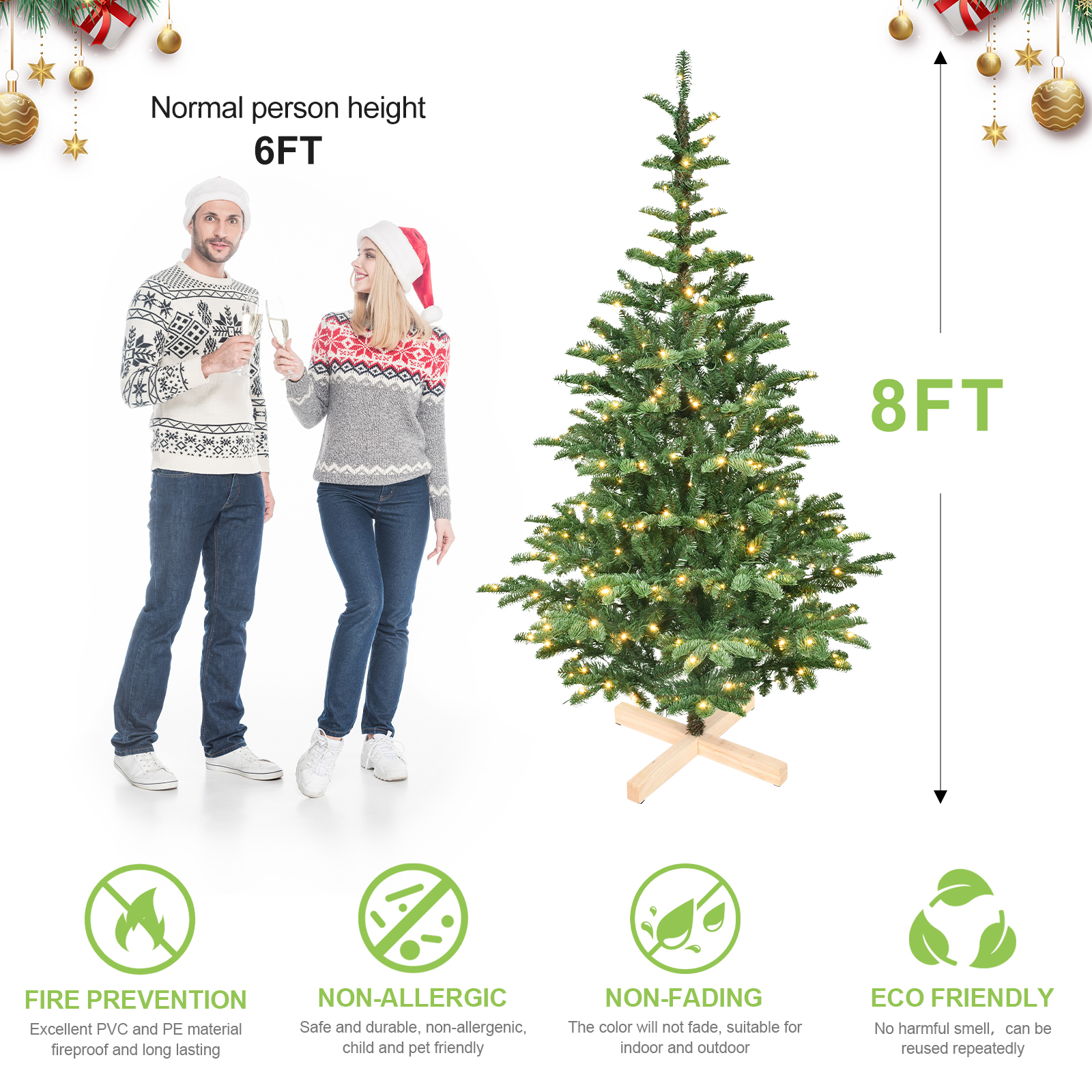 Mixed Material (PE & PVC) Holiday Pine Spruce Fir Trees Complete Set Includes Wooden Stand & Bright Illumination Options for Home Decorations