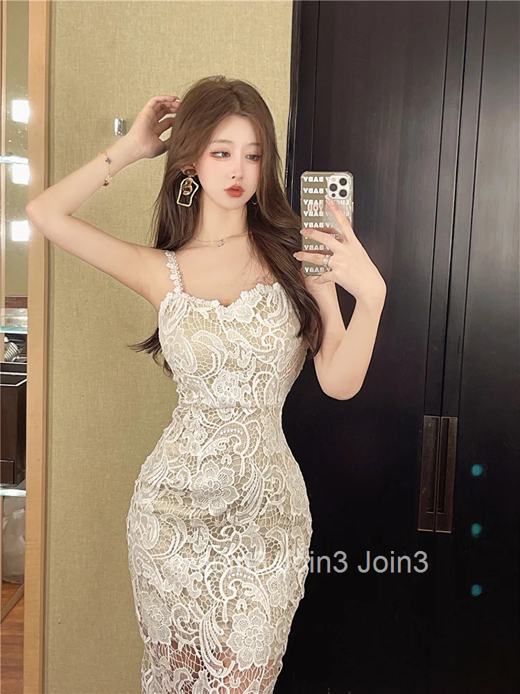 Vintage Embroidery Lace Dress Women Spaghetti Strapped High Waisted Bodycon Dress for Women Elegant Summer Vestido Evening