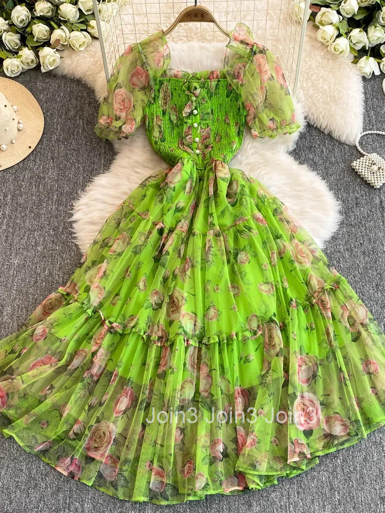 Summer Women Floral Mesh Midi Dress Sweet Square Collar Short Puff Sleeve Ruffle Vestidos Female Elegant Purple/Green/Red Robe