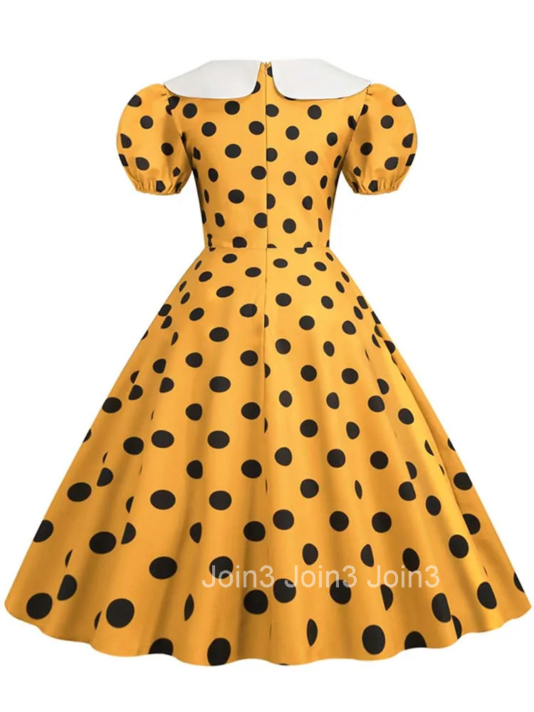 Peter pan Collar Elegant Women Summer Dress Puff Short Sleeve Polka Dot Vintage Dress A-line Midi Party Sundress