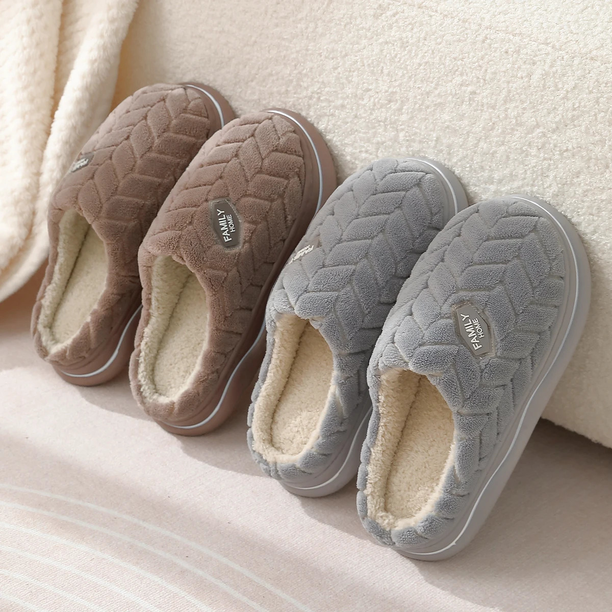 Winter Couple Style Basic Women Plush Slippers Non-slip Warm Thick Furry Men Home Cotton Shoes 250731