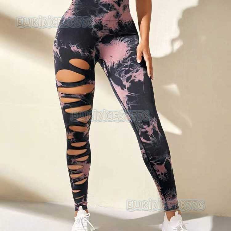 Seamless Tie-dye Hollow Out Ripped High-waisted Tight-fitting Hip-lifting Quick-dry Training Fitness Pants Sports Long Pants for Women H250806