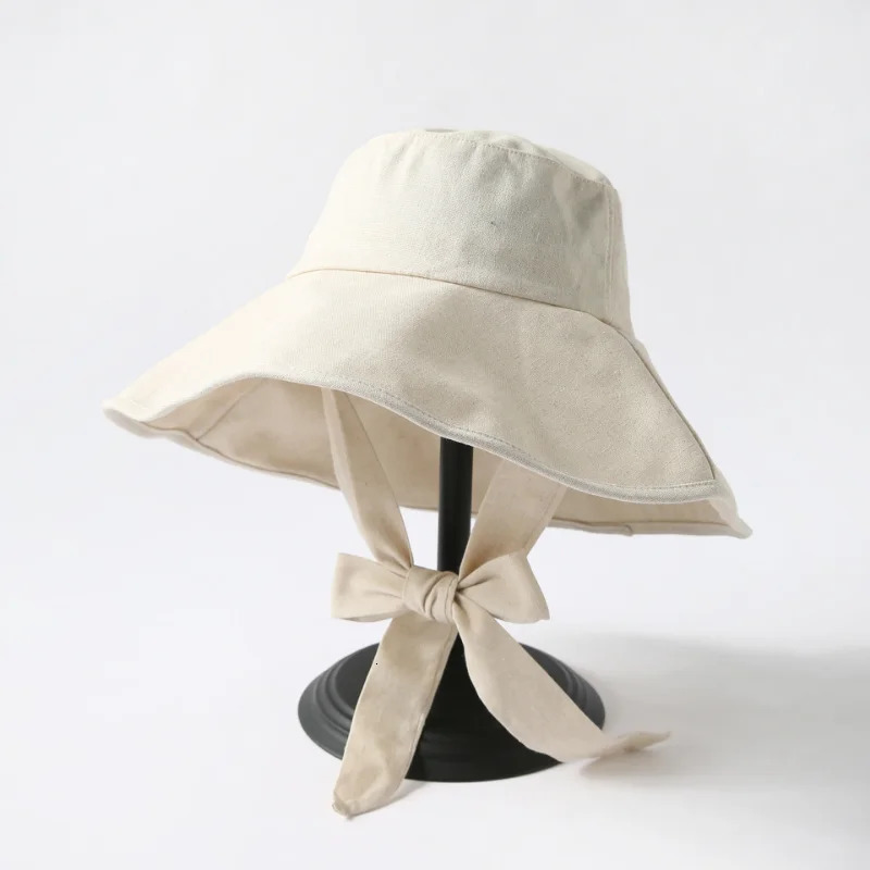Summer Spring Japan Tie Bucket Hat Women Korean Big Brim Fisherman Hat Foldable Sunscreen Chic Cotton Linen Beach Sun Hat 250805