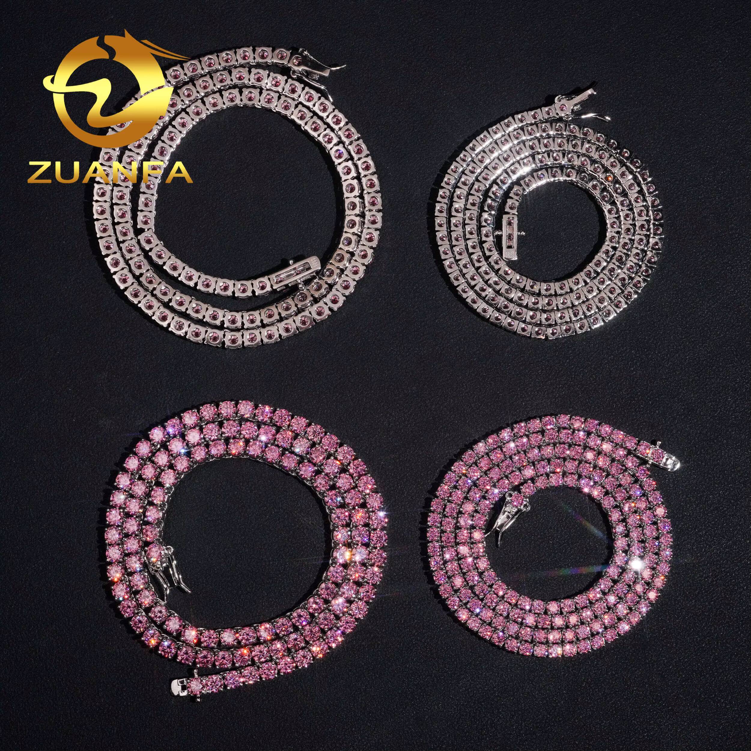 New Stocks Drop Shipping Hip Hop Jewelry Men Necklace Solid 925 Sterling Silver 3MM 4MM Pink Moissanite Diamond Tennis Chain