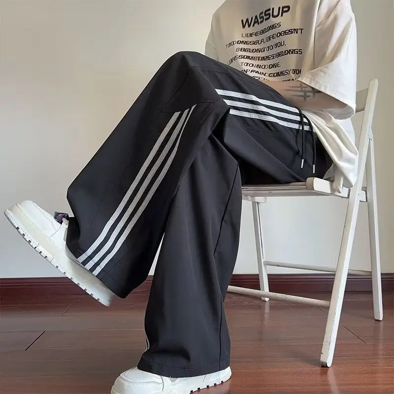 Striped quick-drying ice silk pants mens summer thin loose wide leg s sweatpants teen casual pants 250806