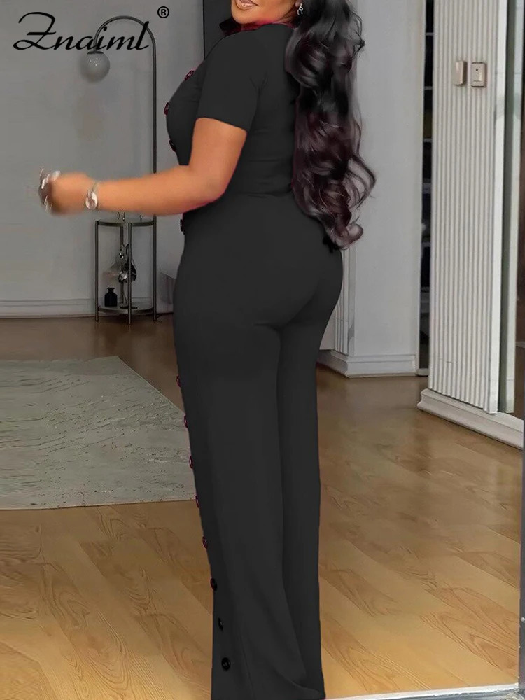 Znaiml Women Elegant Long Jumpsuits for Party Summer Short Sleeve Buttons Solid Color Wide Leg Pants Rompers One Pieces Overalls 250804