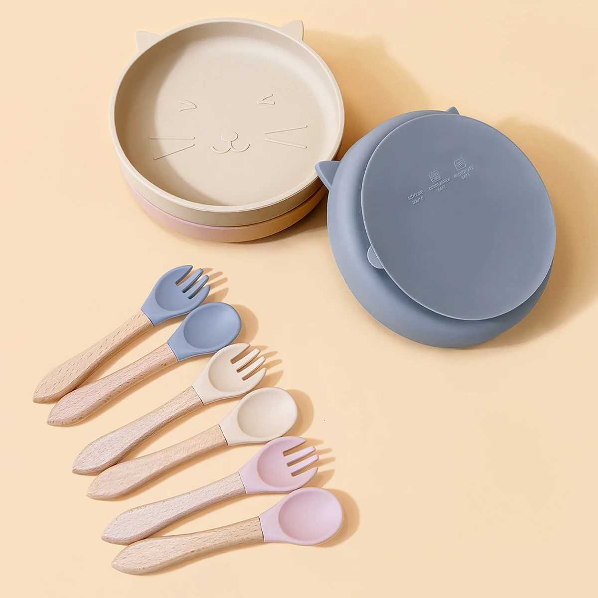 3PCS Silicone Children Tableware Baby Feeding Set Silicone Dinner Plate with Wooden Handle Spoon Fork BPA Free Baby Training Tableware X2508061