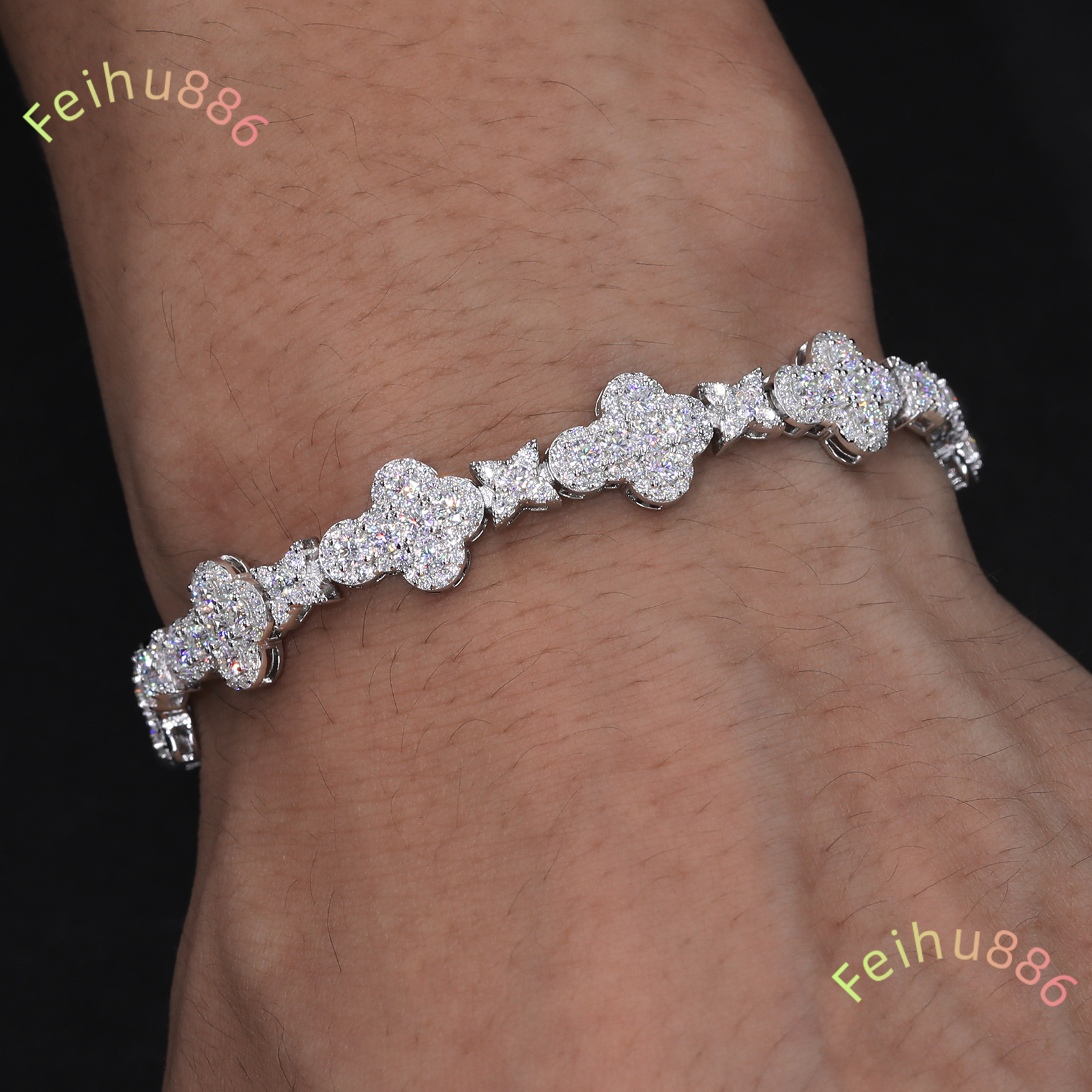 Versatile Mens Bracelet Fashion White Gold 925 Sterling Silver VVS Moissanite Diamond Iced Out Star Cross Link Bracelet