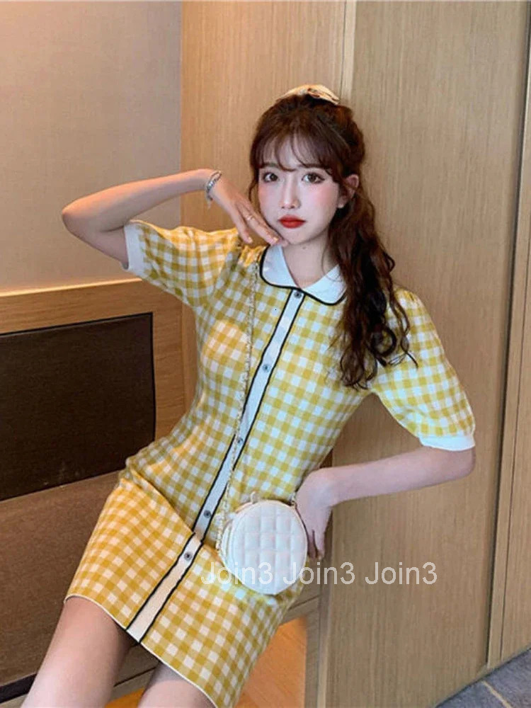 Woherb Vintage Plaid Knitted A-line Dress Women Summer Short Sleeve Single-breasted Elegant Fashion Ladies Vestidos Mujer