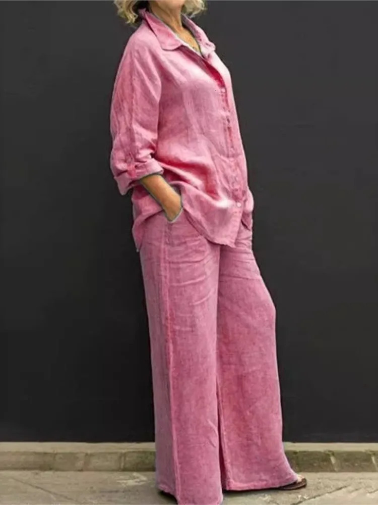 Solid Color Cotton Linen Shirt 2 Piece Set For Women Spring Autumn Long Sleeve Blouse Wide Leg Pants Suits Female Casual Outfits 250805
