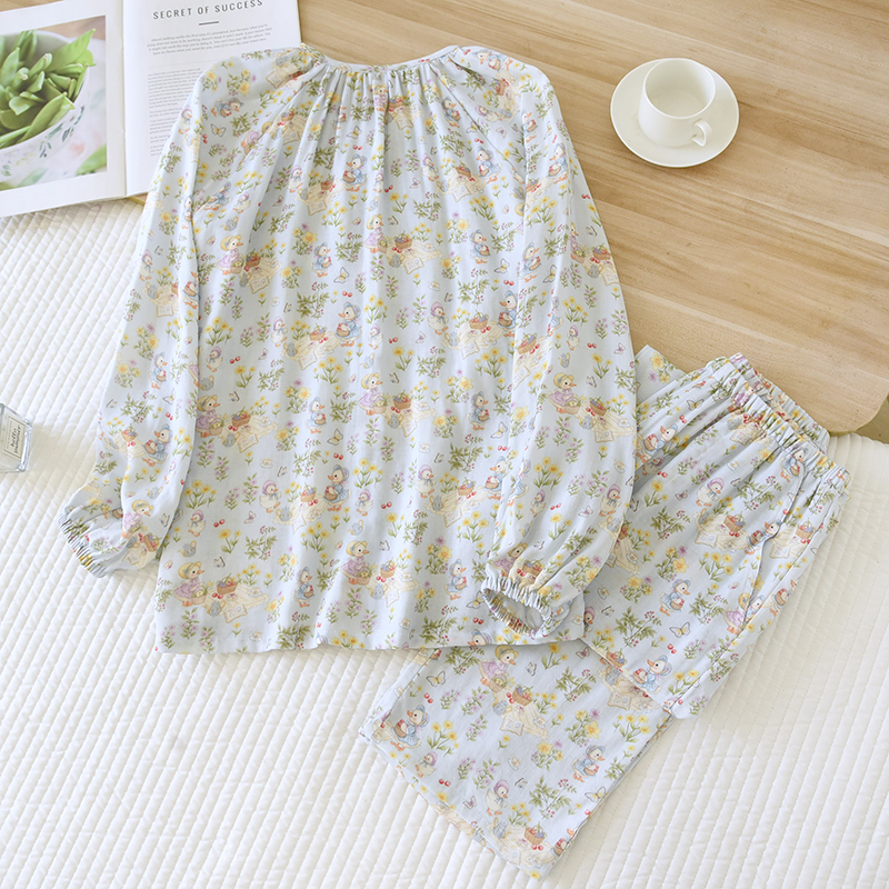 Spring and summer cotton double-layer gauze pajama set for home wear, soft digital printed breathable cartoon home wear set