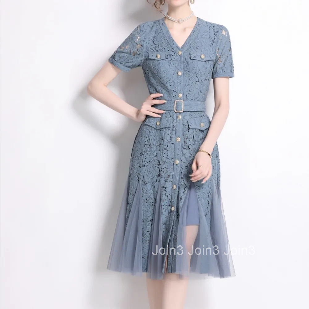 French v neck mesh PATCHWORK lace ruffle dress womens summer waist Single Breasted sweet dresses