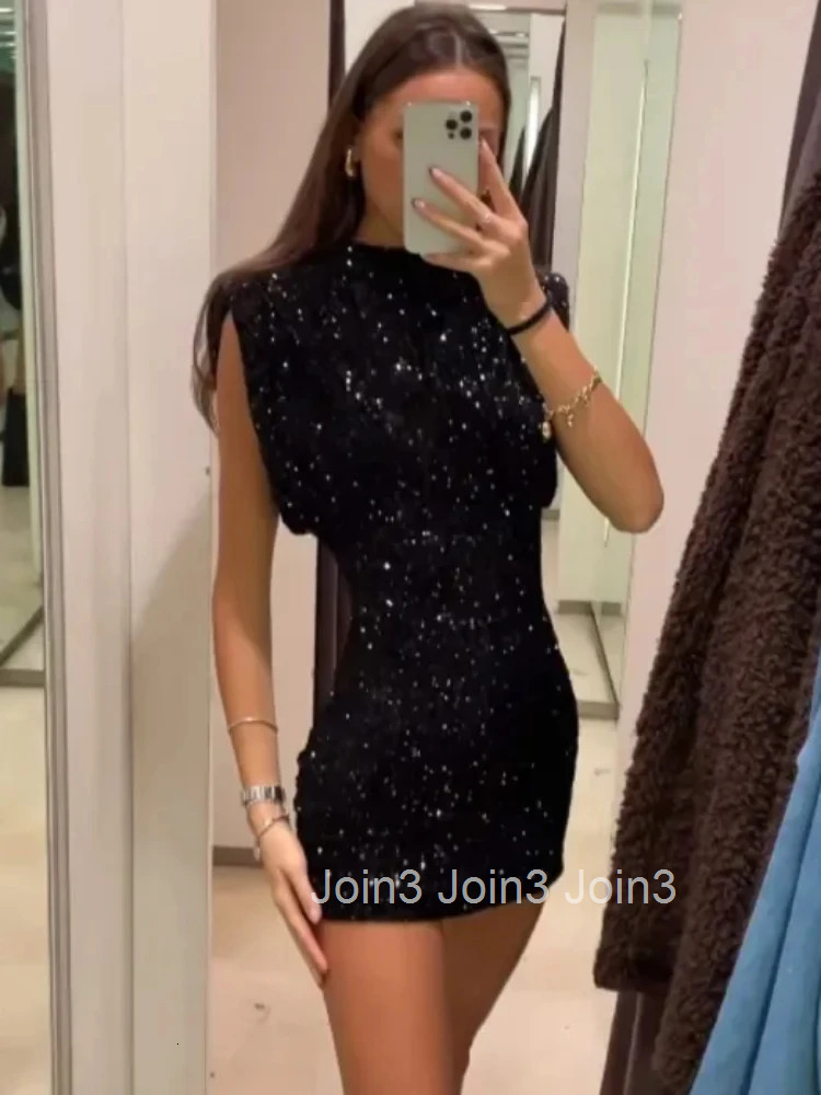 ZBZA Womens Shoulder Padded Sequin Dress Solid Sleeveless Hidden Zipper High Waisted Elegant A-line Mini Skirt New Female Dress
