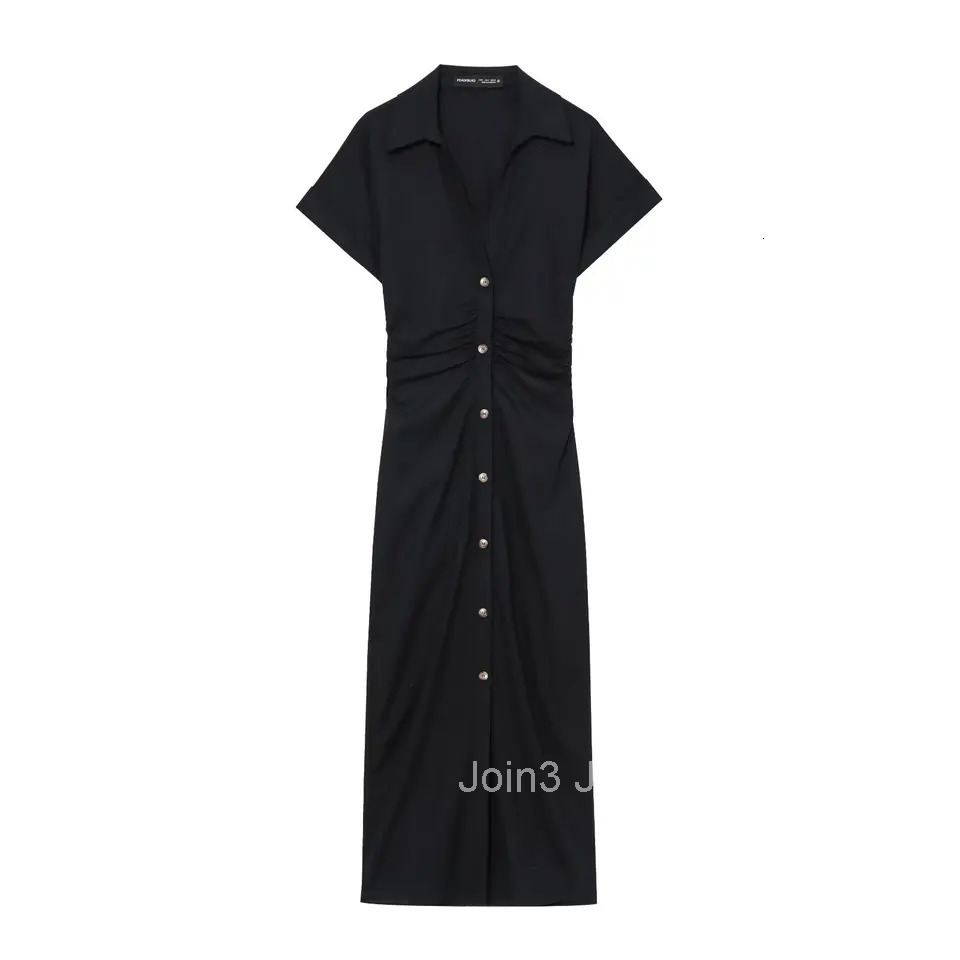 ETJ Spring/Summer New TRAF Womens elegant holiday style refreshing and comfortable short-sleeved V-neck MIDI dress