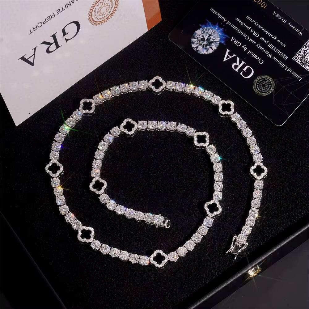 Ready Stocks 925 Solid Silver Tennis Chain 3mm Black Agate Clover Moissanite Necklace Bracelet Unique Moissanite Jewelry
