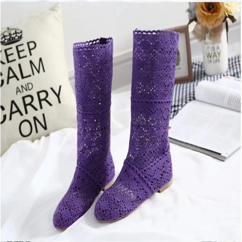 Womens spring high boots wool hollow fashion summer white lace ladies flat casual shoes 250801