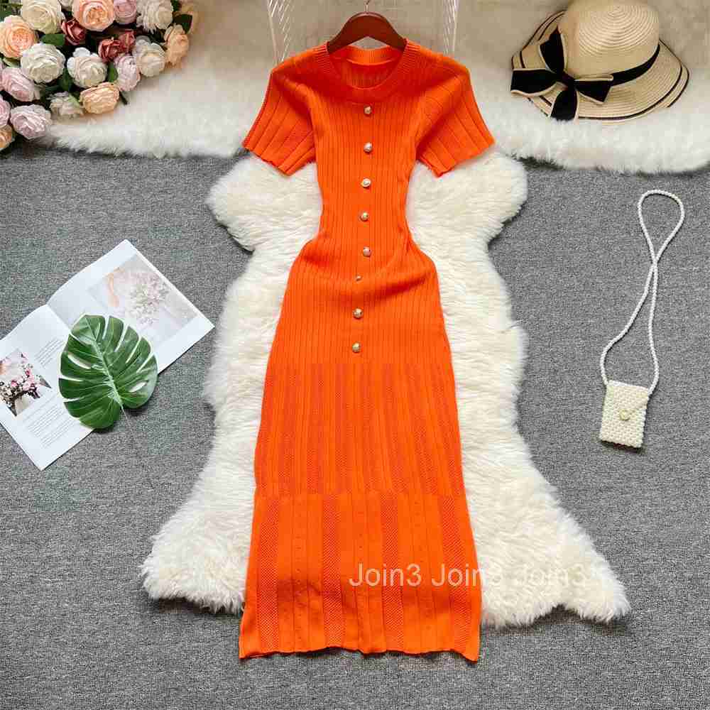 YuooMuoo Summer Women Knitted Long Dress Brand Fashion O-neck Buttons Bodycon Sweater Dress Elegant Lady Office Vestidos
