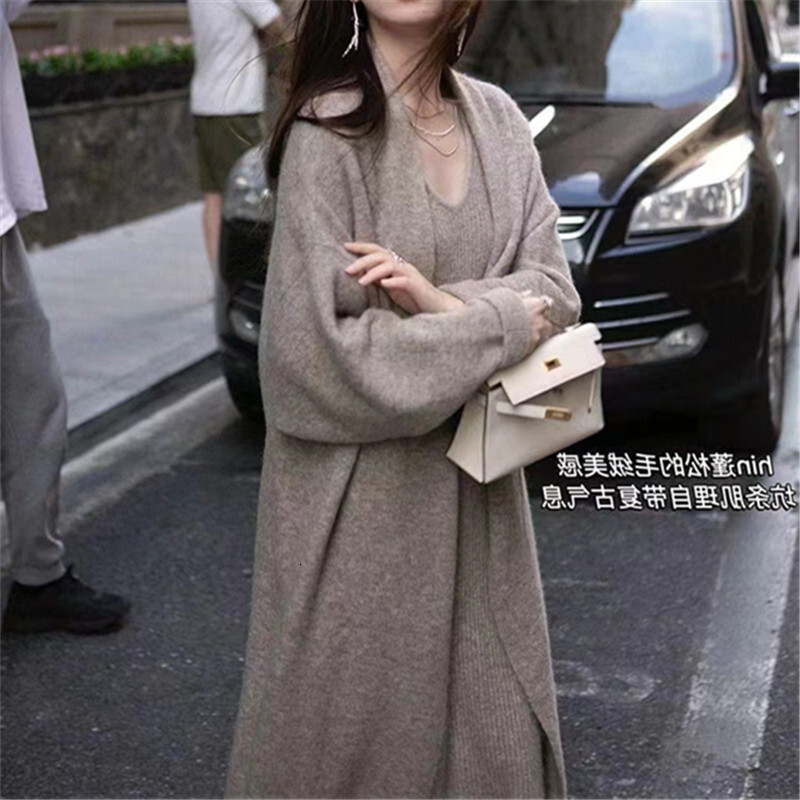 Fashion Women's New Set Knitted Camisole Dress Long Sweater Cardigan Coat Two-Piece Thick