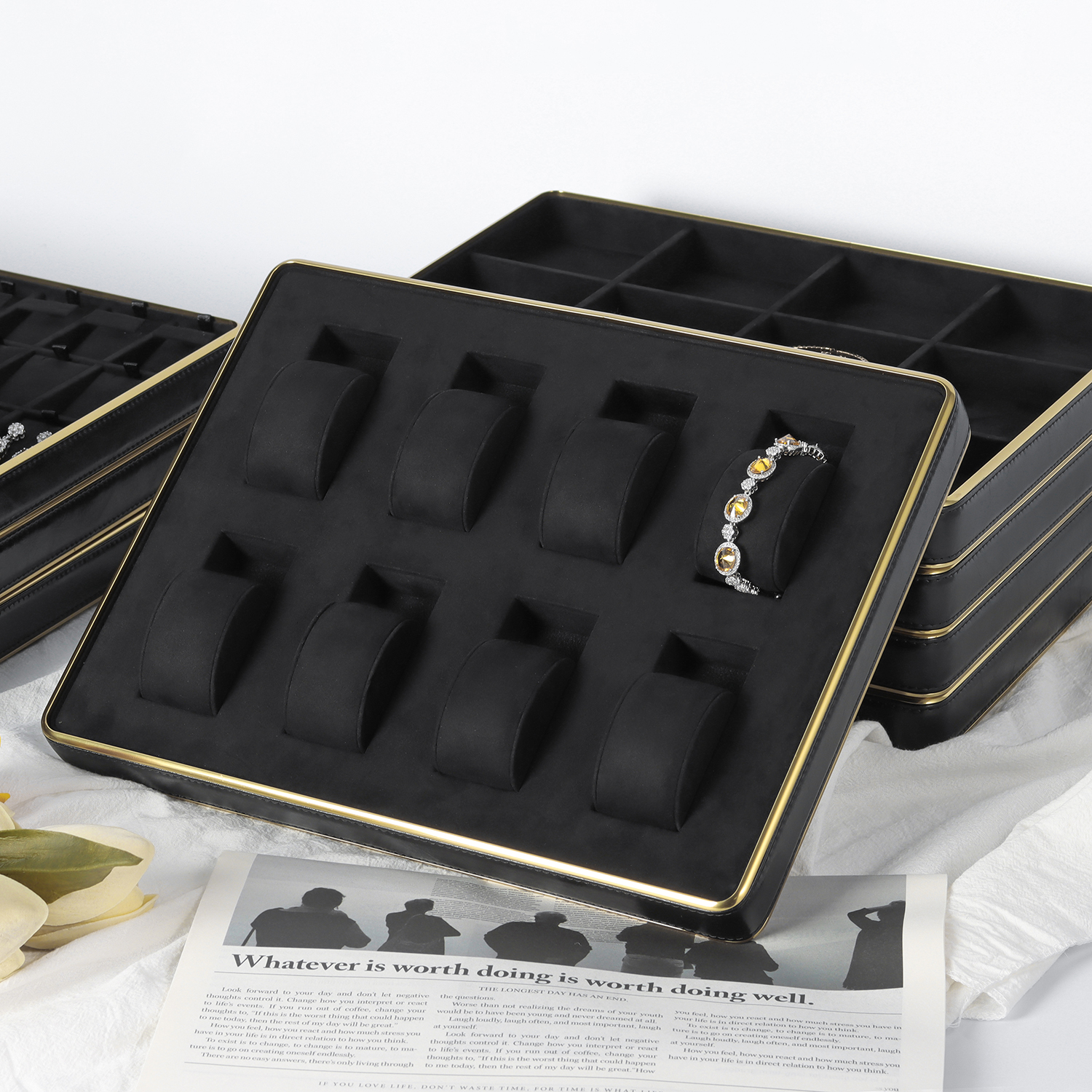 Stackable HLB Metallic Necklaces Display Trays with Velvet Interior - Elegant Showcase for Jewelry