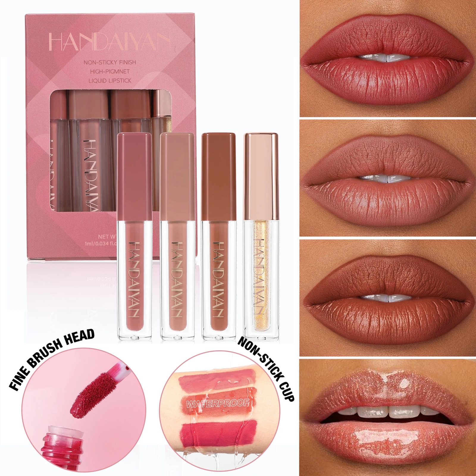 Nude Lip Gloss Set 4 Piece Matte Velvet Lipstick Pearlescent Easy To Color Waterproof Liquid Lipstick Kit Non Stick Cup Lip Tint 250805