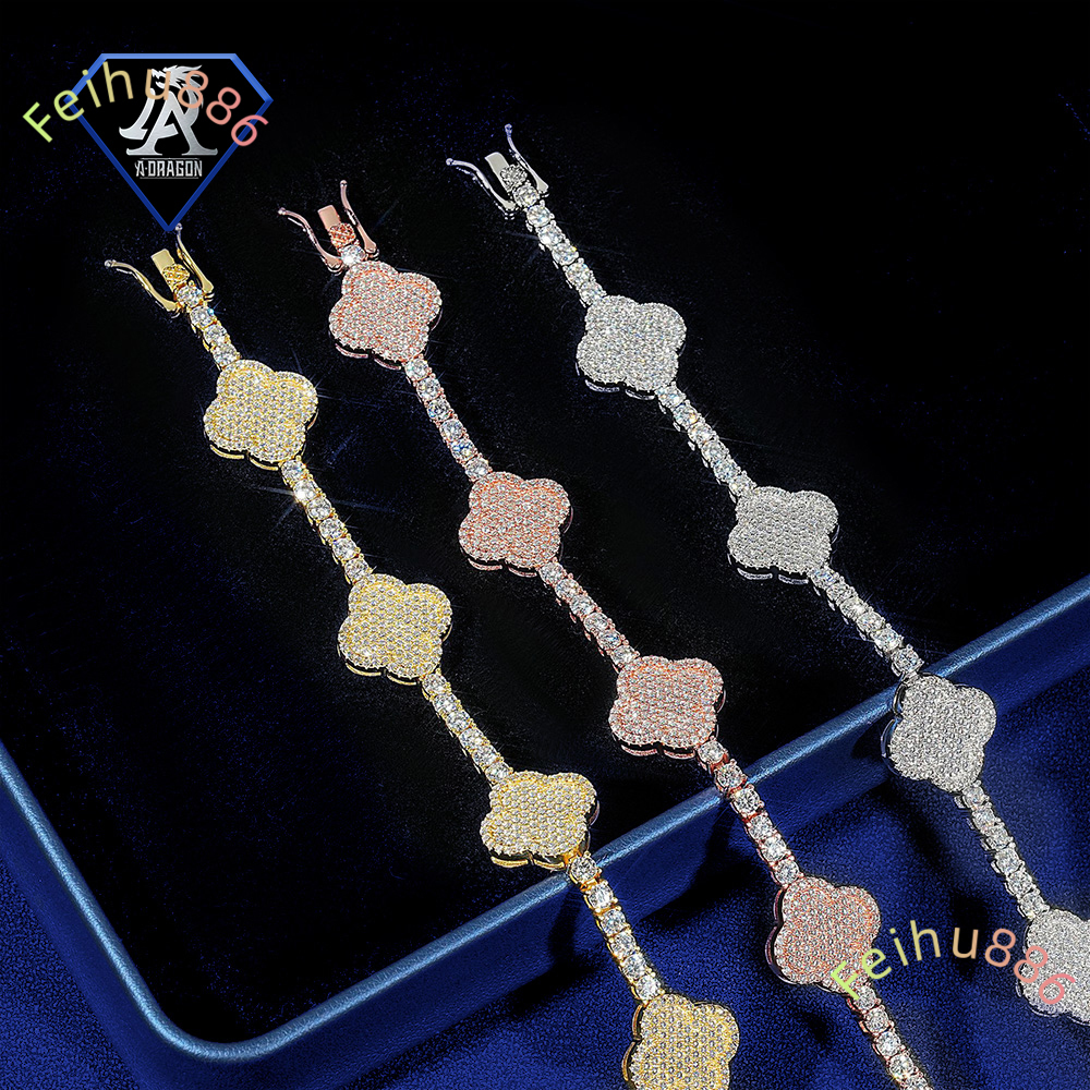 2025 New Arrival S925 Silver Moissanite Clover Tennis Bracelet for Men Passes Diamond Tester with GRA Certificate