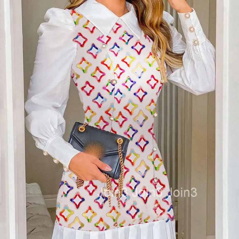 Womens Dresses Spring Fashion Houndstooth Button Decor Puff Sleeve Ruffle Hem Elegant Turn-Down Collar Daily A Line Dress