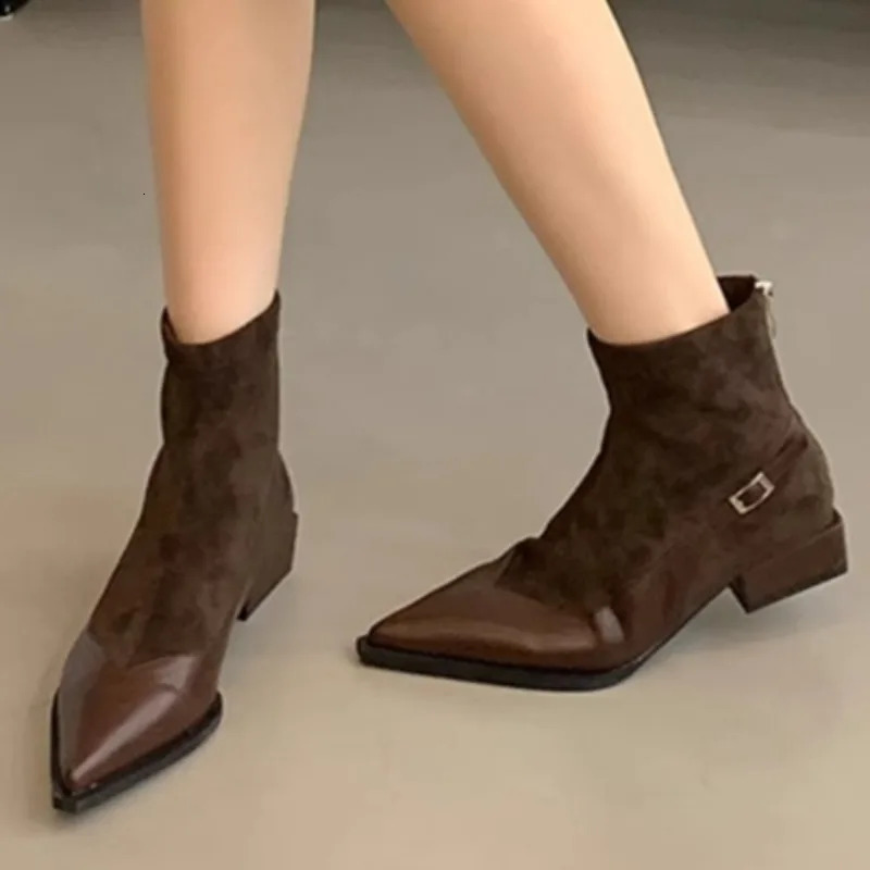 Ankle Boots Womens Thick Heels Mid Heels Suede Pointed Toe 2025 Trend Autumn Outdoor Walking Lightweight Chelsea Boots 250805