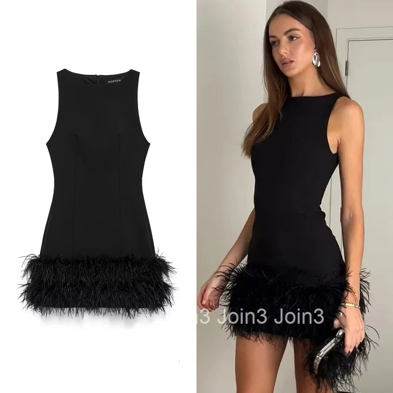 TRAF Elegant Mini Dresses Womens Feather Sleeveless Short Dresses Fashion Casual Party Evening Black Dress Vestidos