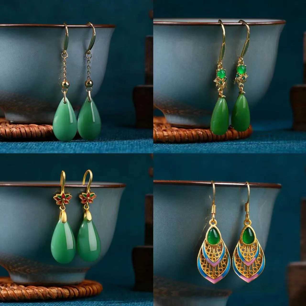Ethnic Chinese Green Jade Earrings for Women Painted Enamel Hollow Design Luxury Jewelry Water Drop Shaped Pendant Retro Gifts Y250805