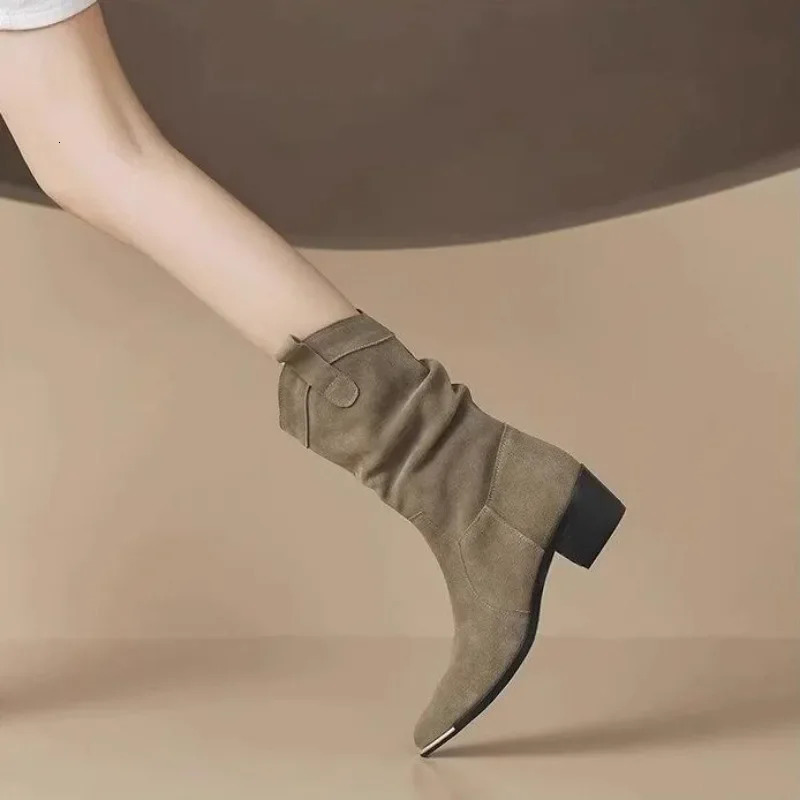 Autumn Winter Classic Chelsea Boots for Woman Suede Pointy Toe Wedge Heel Ankle Boots Simple Comfortable Cowboy Botas Female 250731