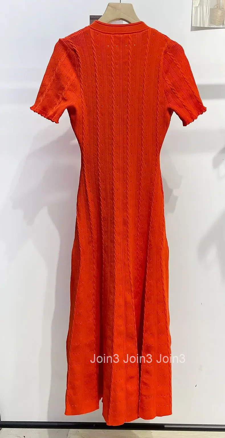 Women O-Neck White Knit Thread Mid-Length Dress Summer New Elegant Lady Ruffled Sleeve Single Breasted Slim Long Robe