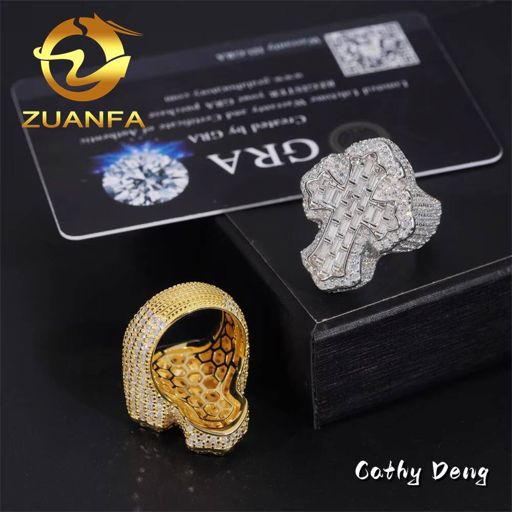 Hot Sale Instock Iced Out Cross Moissanite Diamond Rings 925 Sterling Silver Hip Hop Ring Pass Diamond Tester Men Cuban Ring