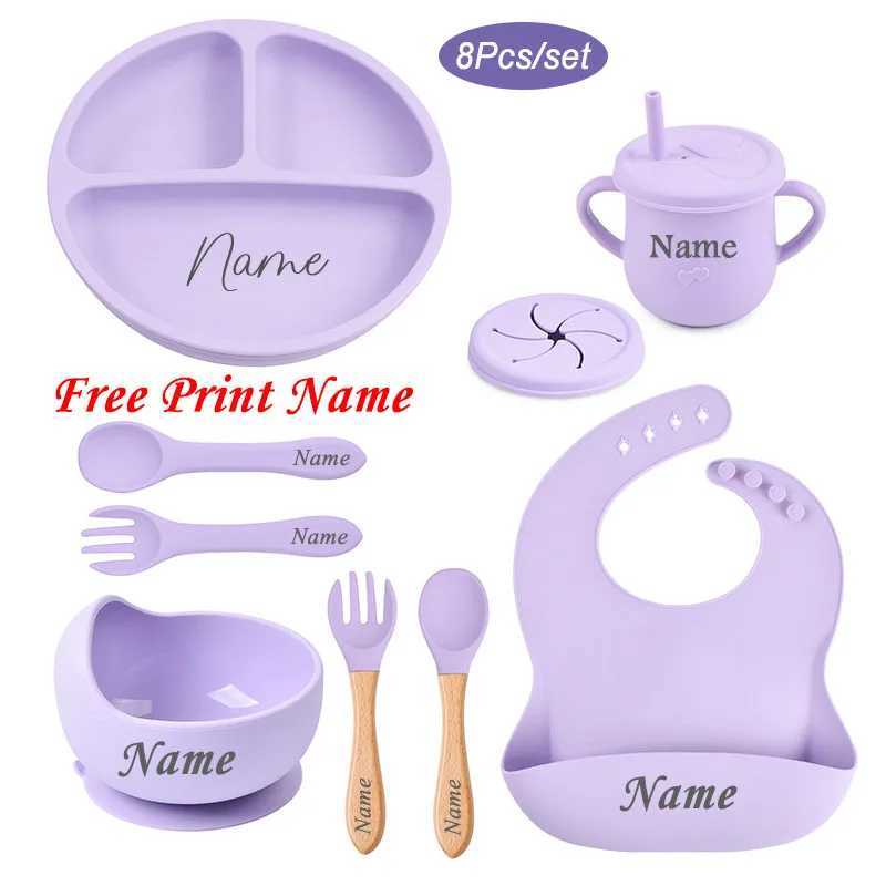 Personalized Name Baby Silicone Dishes Feeding Set Suction Cup Bowl Tableware Kids Bowl Spoon Fork Bib Feeding Set BPA Free X250806