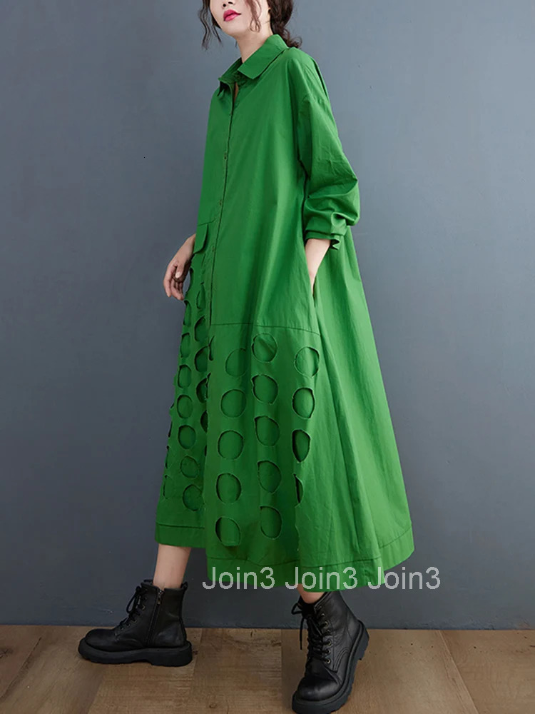 Polka Dot Hollow Out Cotton Shirt Dresses For Women Long Sleeve Loose Casual Vintage Dress Elegant Clothing Spring Autumn