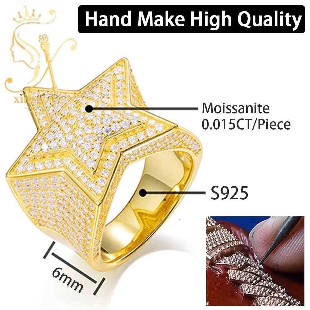 Xingsial Custom GRA Certificate Hip Hop Jewelry Star Ring 18K Gold Plated VVS Diamond Iced Out 925 Silver Moissanite Men Ring