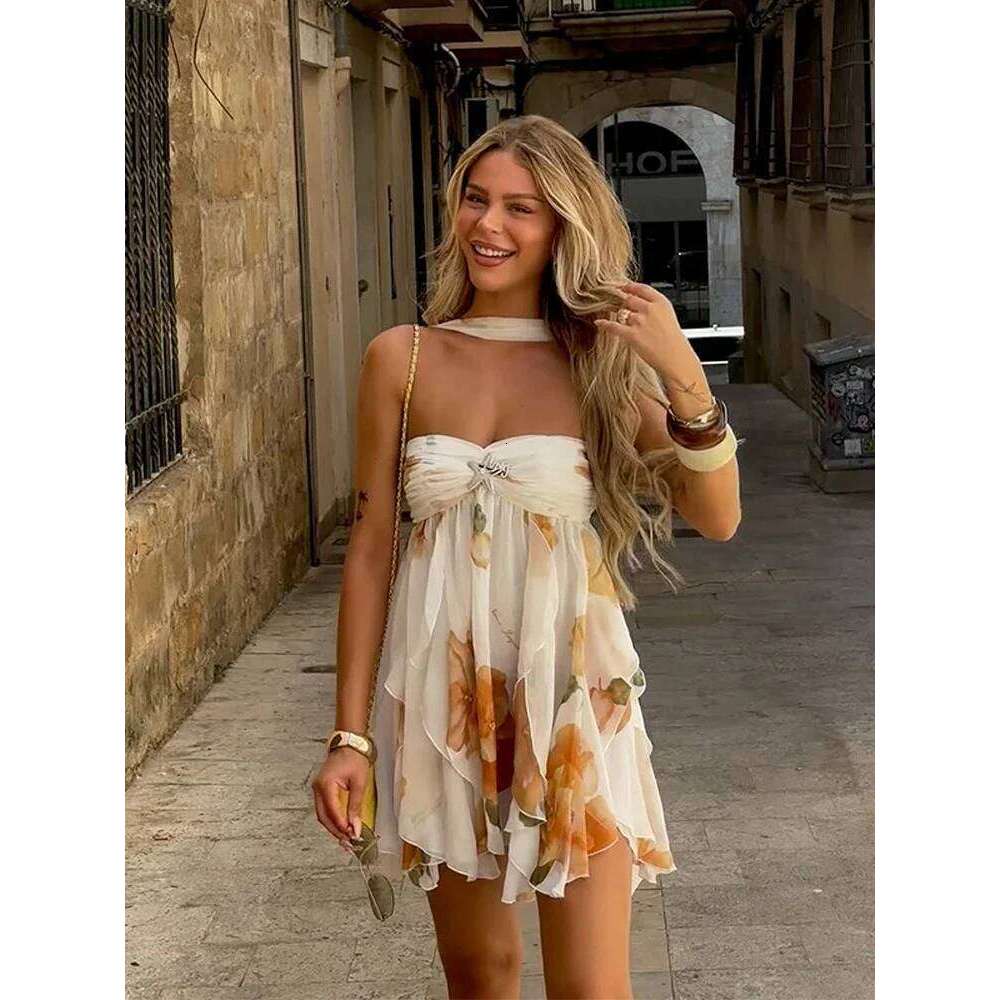 Designer Clothing 2025 Women Casual Printed Pleated Scarf Collar Mini Dresses Chic Sleeveless Off Shouder Short Vestido Summer Lady Party Beach Robe