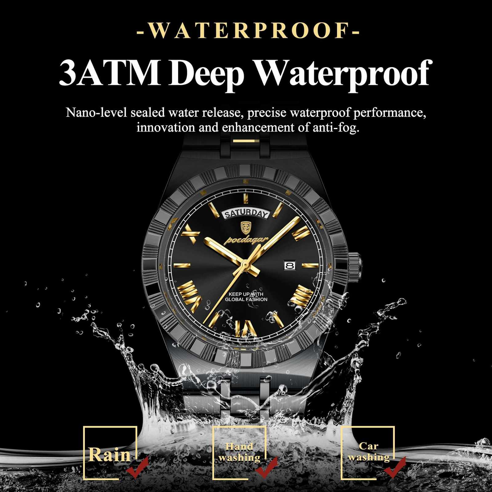 POEDAGAR Sports Men Wrist Week Date Stainless Steel Casual Men Luminous Waterproof Quartz Fashion Mens Watch W250806